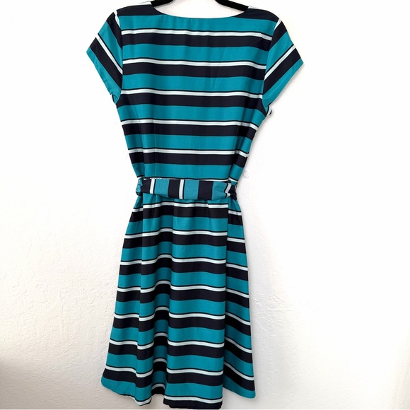 Tommy Hilfiger Teal Black Striped Midi Dress Size Medium Business Casual Preppy - Picture 6 of 12
